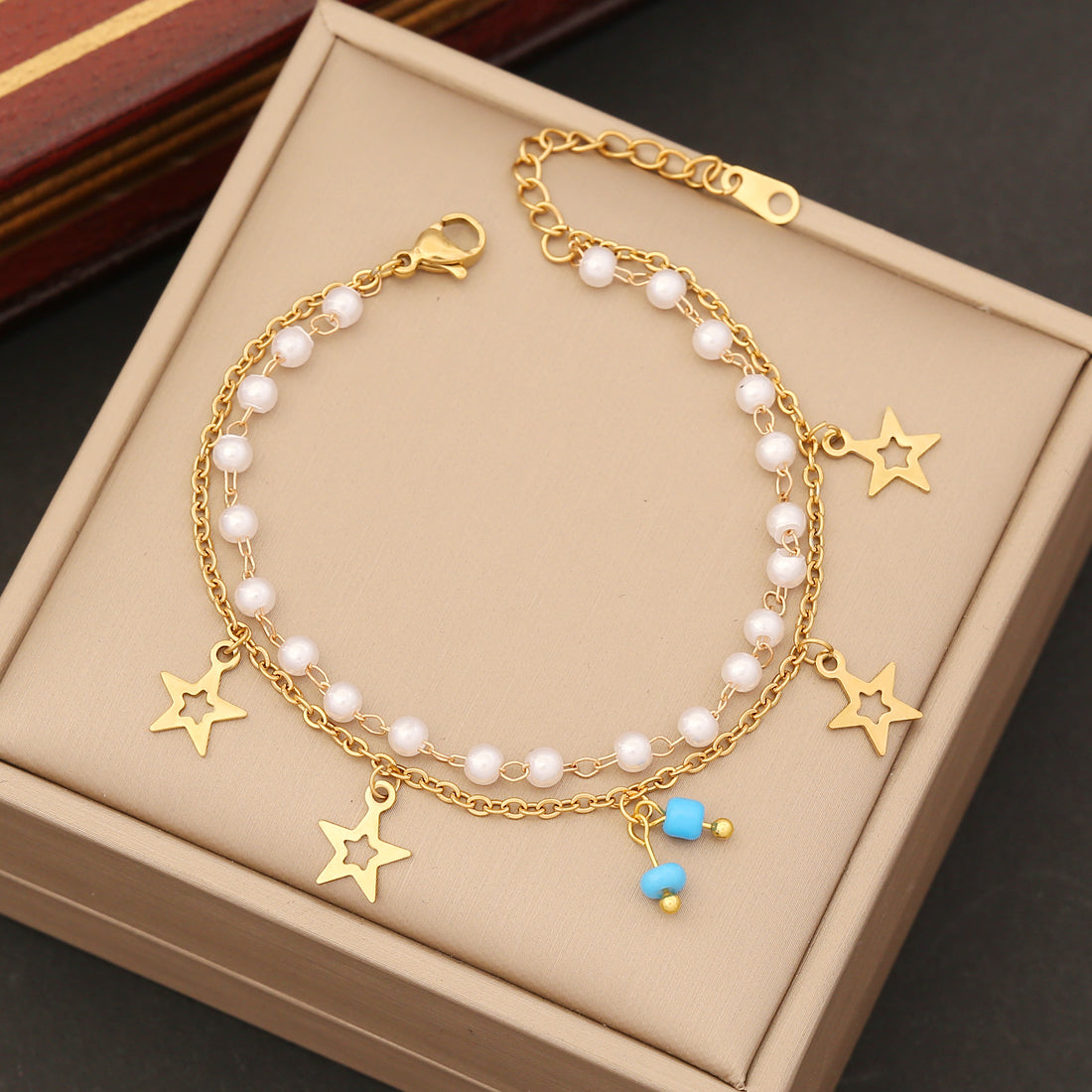 Simple Style Commute Cross Four Leaf Clover Flower Stainless Steel Artificial Pearl Beaded Layered Plating Bracelets