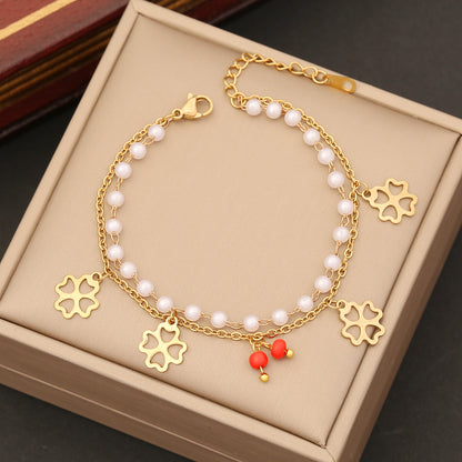 Simple Style Commute Cross Four Leaf Clover Flower Stainless Steel Artificial Pearl Beaded Layered Plating Bracelets