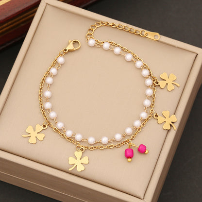 Simple Style Commute Cross Four Leaf Clover Flower Stainless Steel Artificial Pearl Beaded Layered Plating Bracelets