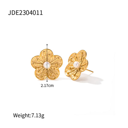 Wholesale Ins Style Sweet Flower Stainless Steel Plating Inlay 18k Gold Plated Pearl Rings Earrings Necklace