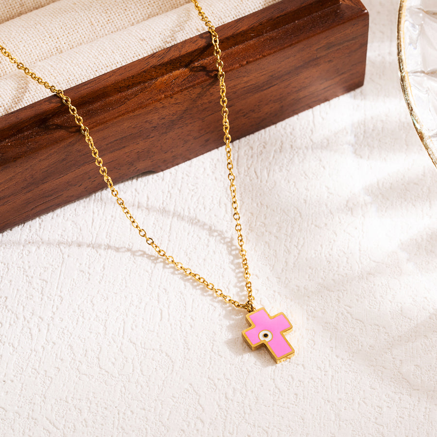 Modern Style Cross Eye Stainless Steel Enamel Three-dimensional 18k Gold Plated Pendant Necklace