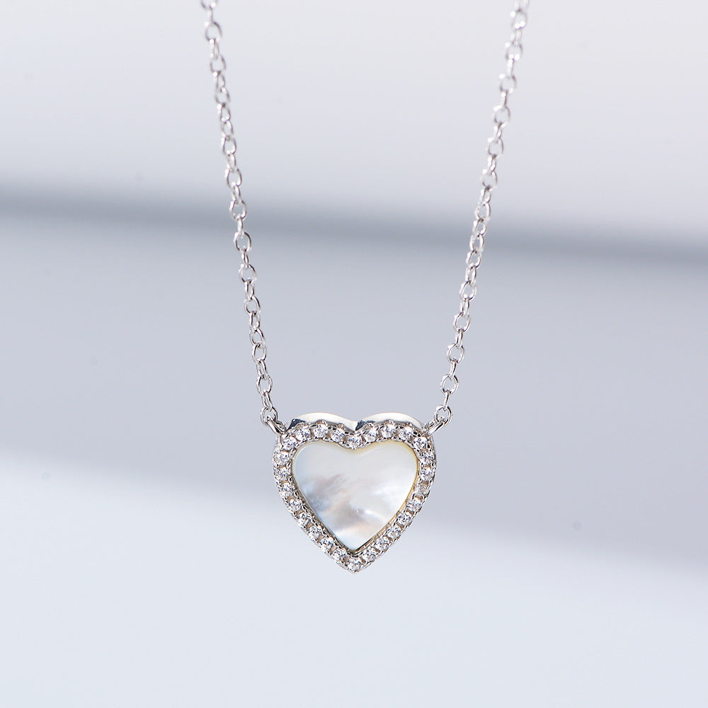 Ins Style Korean Style Heart Shape Sterling Silver Inlay Shell Zircon Pendant Necklace