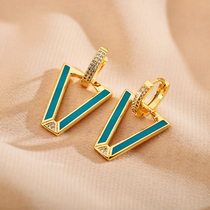 1 Pair Modern Style V Shape Copper Enamel Plating Inlay Zircon Gold Plated Drop Earrings