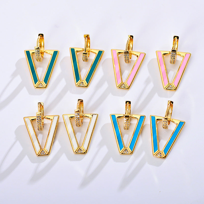 1 Pair Modern Style V Shape Copper Enamel Plating Inlay Zircon Gold Plated Drop Earrings