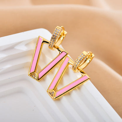 1 Pair Modern Style V Shape Copper Enamel Plating Inlay Zircon Gold Plated Drop Earrings