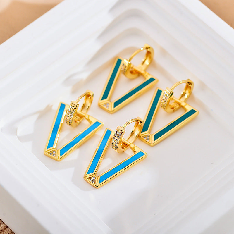 1 Pair Modern Style V Shape Copper Enamel Plating Inlay Zircon Gold Plated Drop Earrings