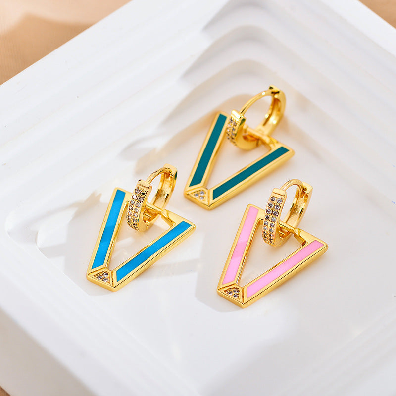 1 Pair Modern Style V Shape Copper Enamel Plating Inlay Zircon Gold Plated Drop Earrings