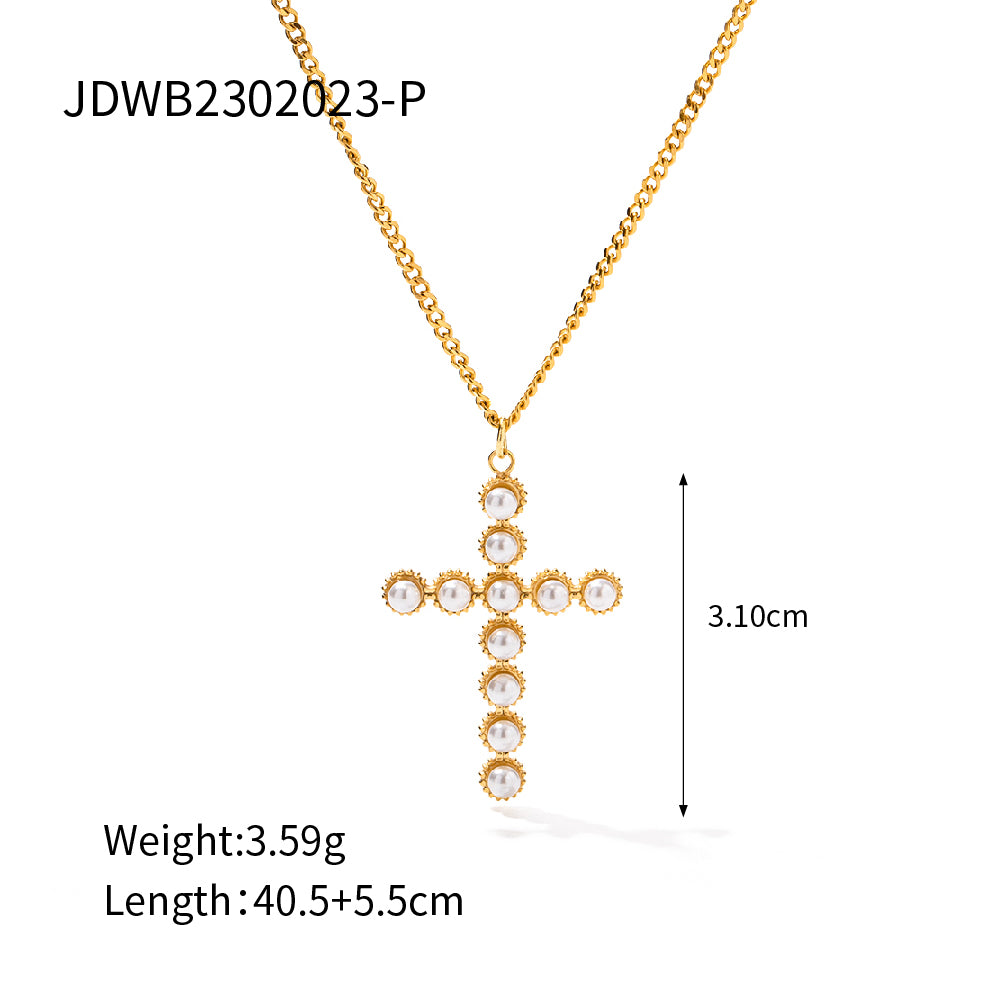 Modern Style Cross Stainless Steel Plating Inlay Pearl Stone 18k Gold Plated Pendant Necklace