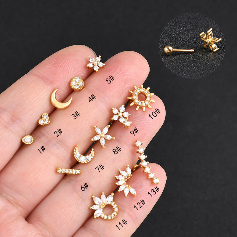 1 Piece Streetwear Moon Heart Shape Flower Plating Inlay Stainless Steel Copper Zircon Ear Studs