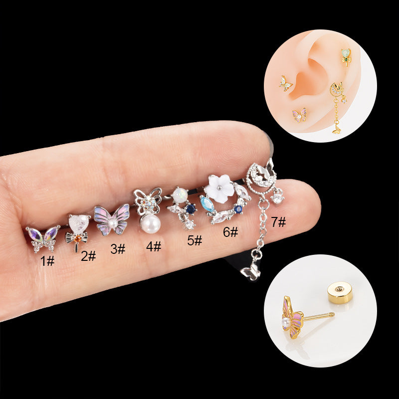 1 Piece Hip-hop Heart Shape Flower Butterfly Stainless Steel Copper Inlay Artificial Pearls Zircon Ear Studs