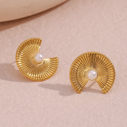 1 Pair French Style Sector Stainless Steel Plating Inlay Pearl 18k Gold Plated Ear Studs