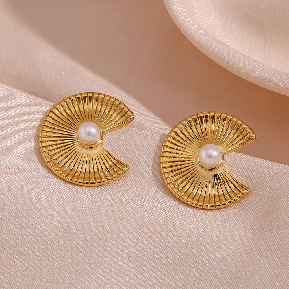 1 Pair French Style Sector Stainless Steel Plating Inlay Pearl 18k Gold Plated Ear Studs