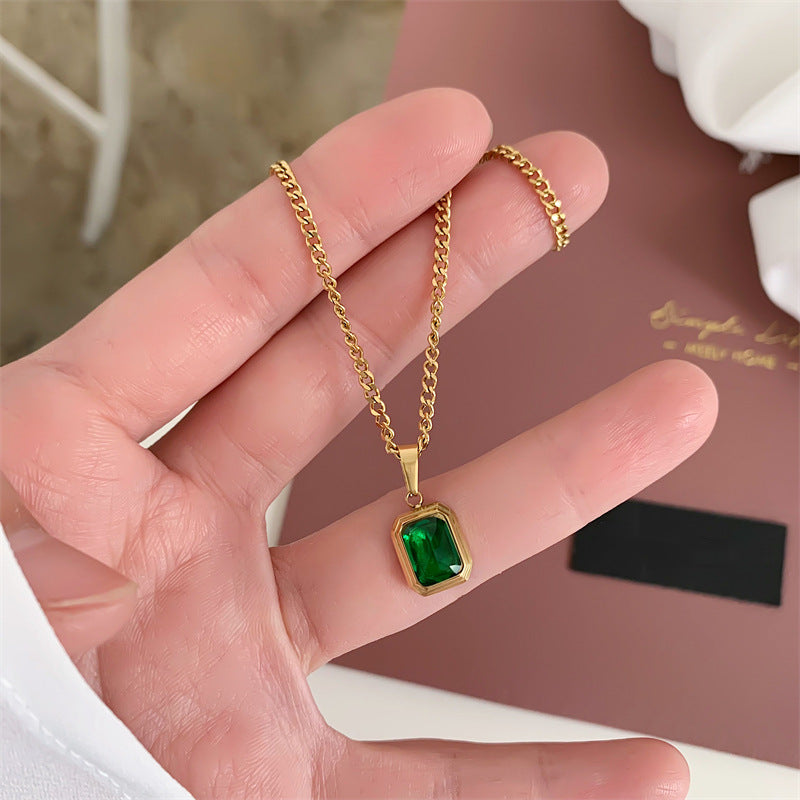 Retro Square Oval Flower Stainless Steel Plating Inlay Artificial Gemstones Zircon 18k Gold Plated Pendant Necklace