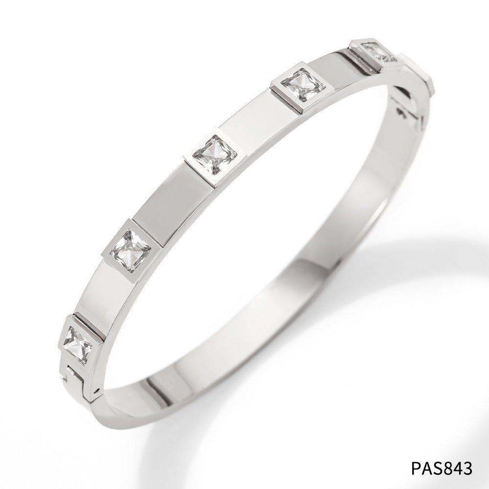 Elegant Glam Square Stainless Steel Plating Inlay Zircon Bangle