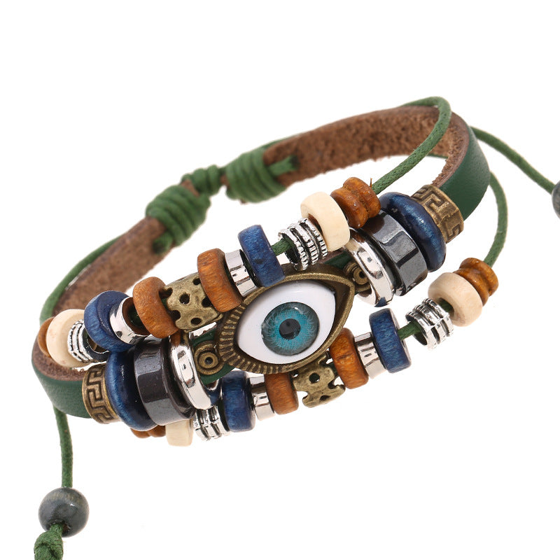 Retro Eye Pu Leather Beaded Resin Men's Bracelets