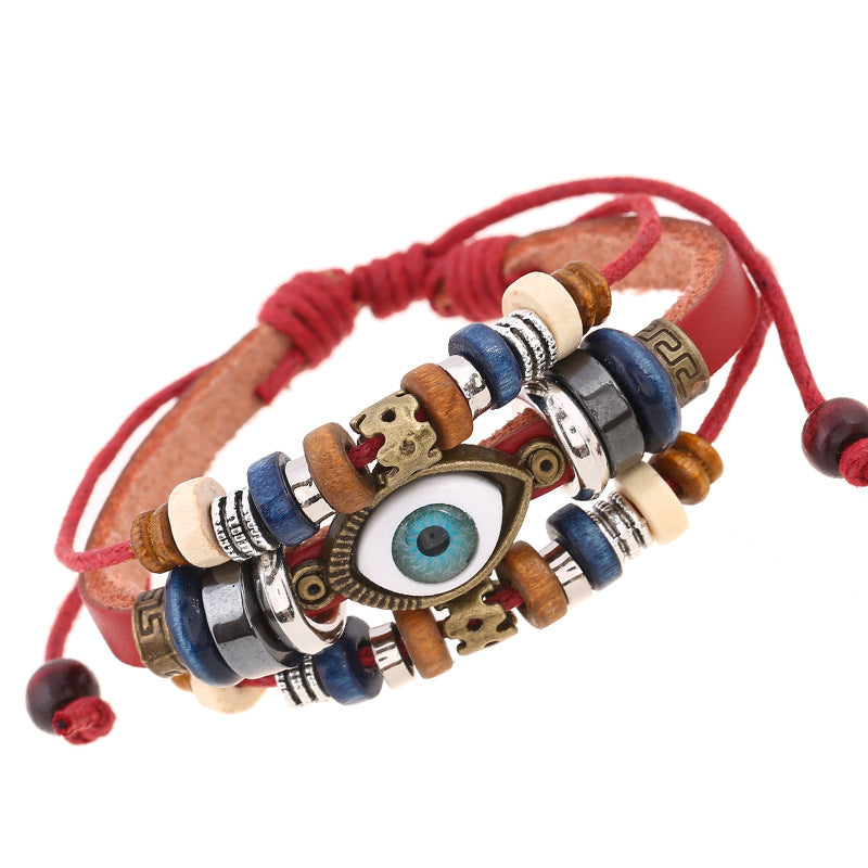 Retro Eye Pu Leather Beaded Resin Men's Bracelets