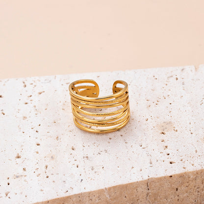 Retro Stripe Solid Color Stainless Steel Criss Cross Plating Hollow Out 18k Gold Plated Open Ring