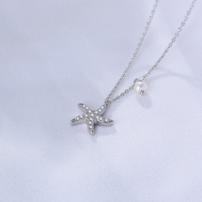 Wholesale Simple Style Starfish Sterling Silver Artificial Pearls Rhinestones Pendant Necklace