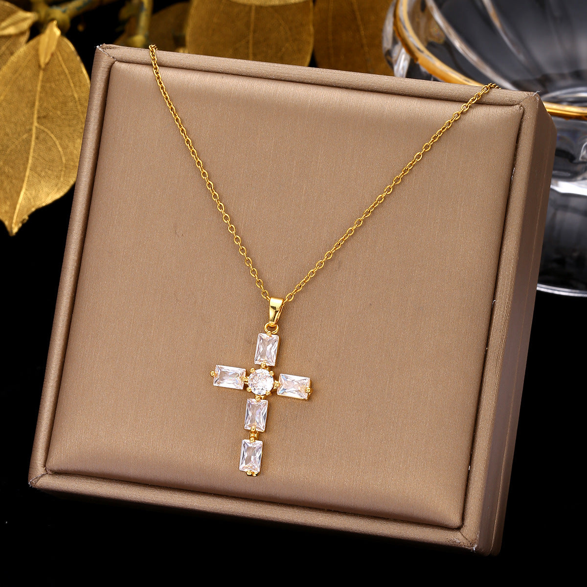 Ethnic Style Cross Stainless Steel Inlay Zircon Pendant Necklace