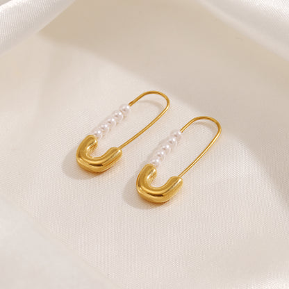 1 Pair Simple Style Paper Clip Pearl Plating Stainless Steel 18k Gold Plated Earrings