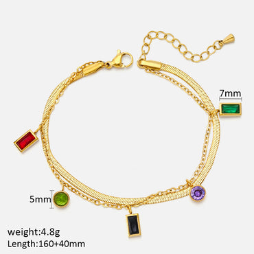 Cool Style Shiny Round Rectangle Stainless Steel Layered Plating Inlay Zircon 18k Gold Plated Bracelets