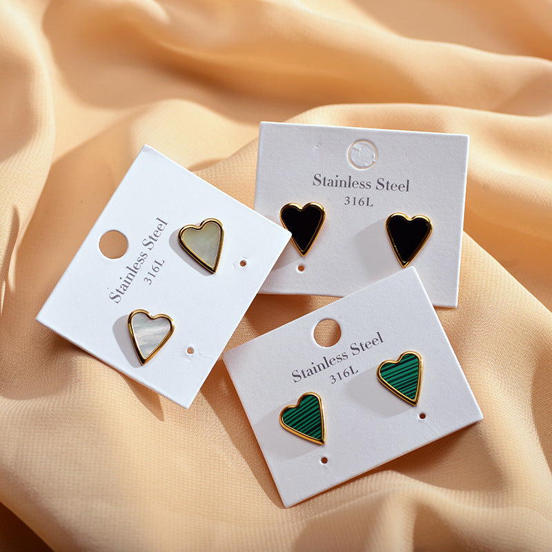 1 Pair Elegant Stripe Heart Shape Stainless Steel Plating Inlay Malachite Shell Gold Plated Ear Studs