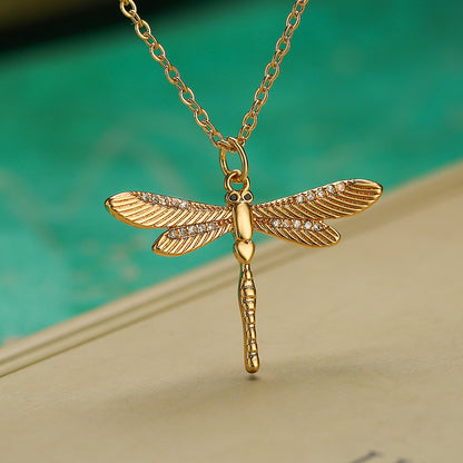 Simple Style Commute Dragonfly Copper Inlay Zircon 18k Gold Plated Pendant Necklace