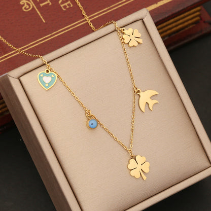 Ig Style Four Leaf Clover Eye Snowflake Stainless Steel Enamel Plating Necklace