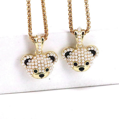 Fashion Little Bear Copper Plating Inlay Pearl Gold Plated Pendant Necklace