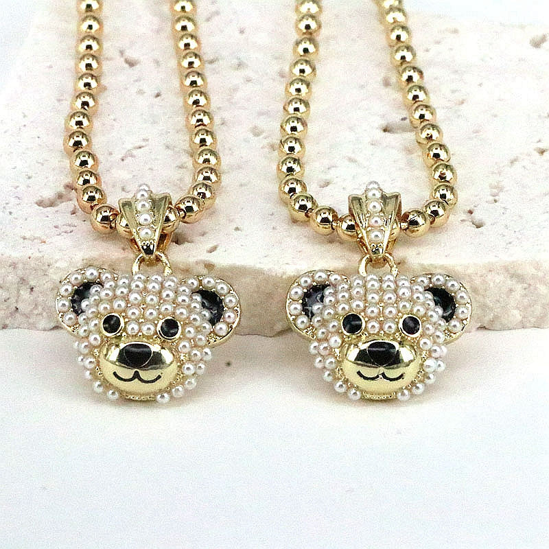 Fashion Little Bear Copper Plating Inlay Pearl Gold Plated Pendant Necklace