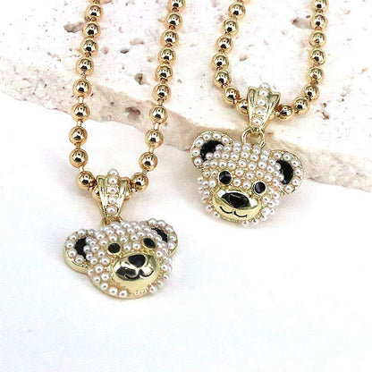 Fashion Little Bear Copper Plating Inlay Pearl Gold Plated Pendant Necklace