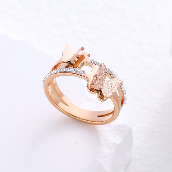 Simple Style Butterfly Stainless Steel Plating Inlay Zircon 24k Gold Plated Rings