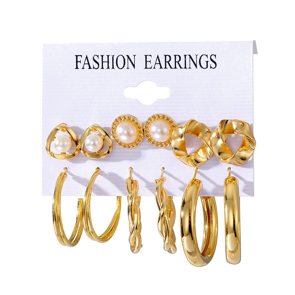 Retro Round Alloy Plating Artificial Pearls Women's Earrings Ear Studs 6-piece Set