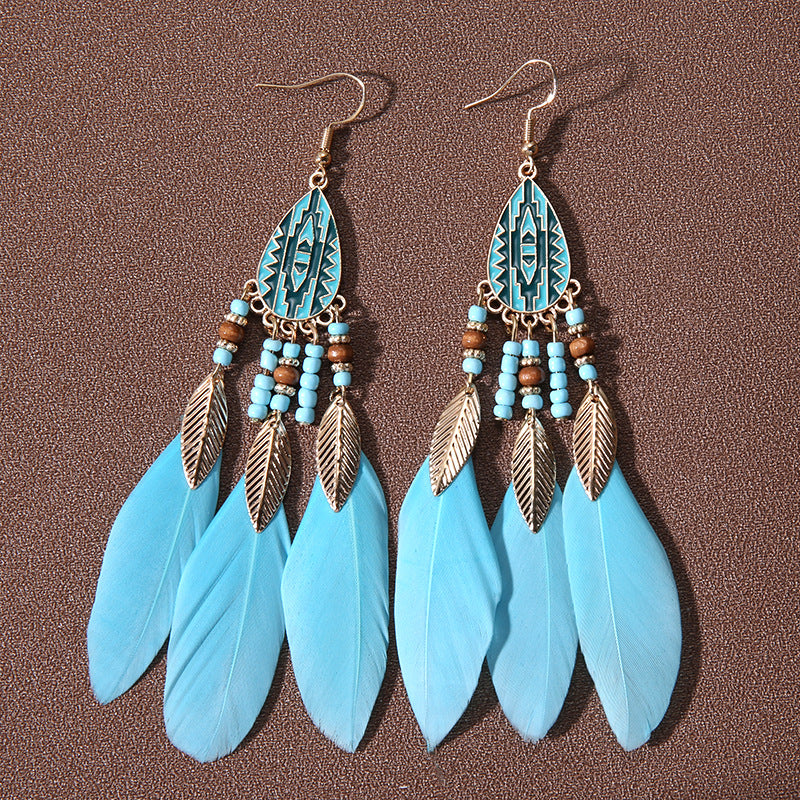 Ethnic Style Bohemian Leaf Water Droplets Feather Women's Drop Earrings