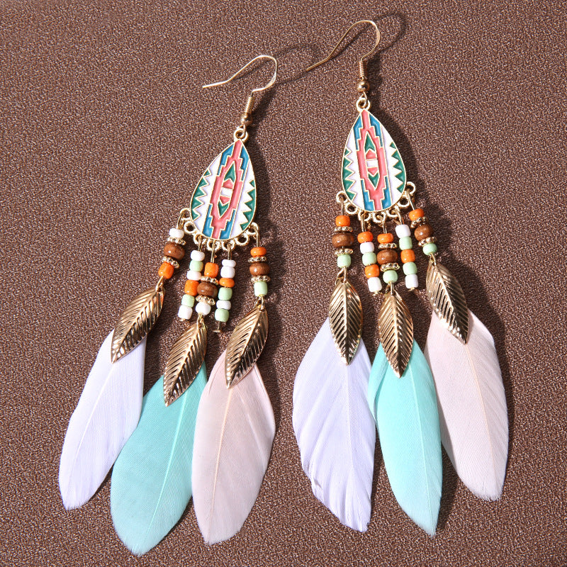 Ethnic Style Bohemian Leaf Water Droplets Feather Women's Drop Earrings