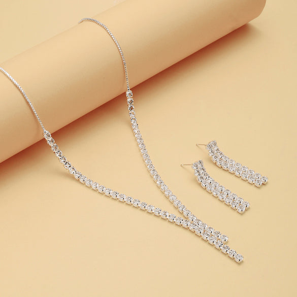 Sweet Water Droplets Tassel Eye Rhinestone Copper Plating Earrings Necklace 2 Piece Set