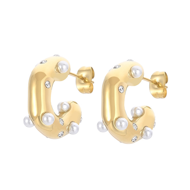 1 Pair Modern Style Streetwear C Shape Plating Inlay Stainless Steel Rhinestones Pearl Ear Studs