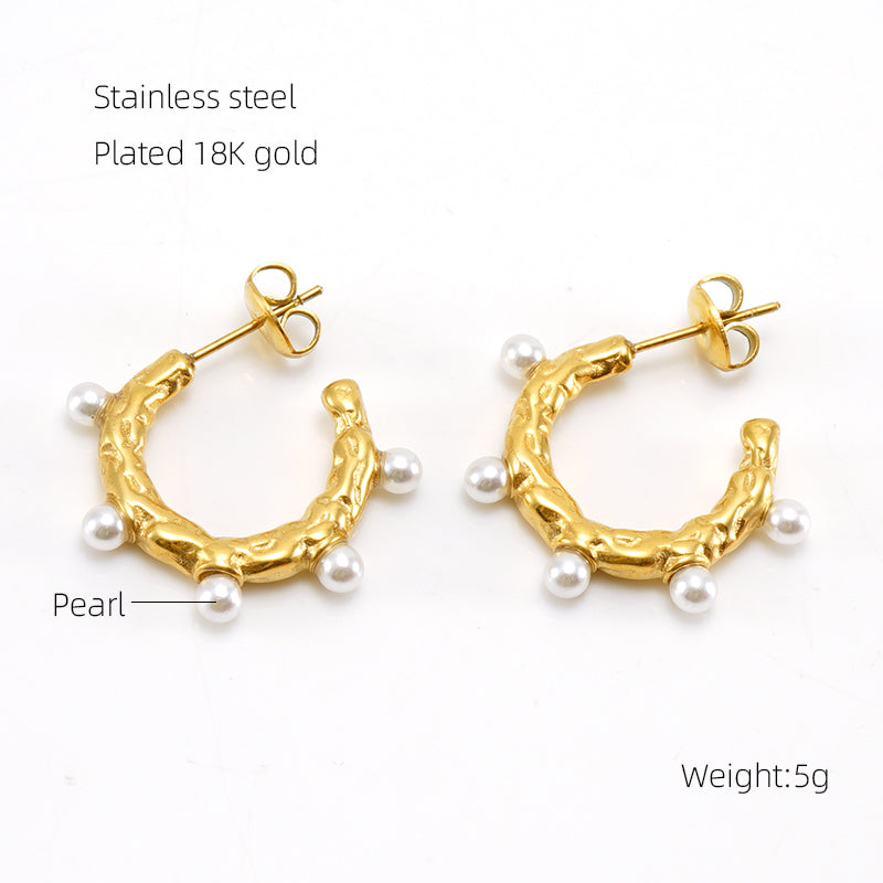 1 Pair Elegant Glam Shiny C Shape Plating Inlay Stainless Steel Pearl Zircon 18k Gold Plated Ear Studs