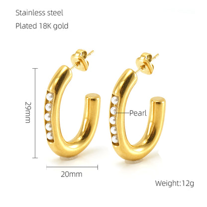 1 Pair Elegant Glam Shiny C Shape Plating Inlay Stainless Steel Pearl Zircon 18k Gold Plated Ear Studs