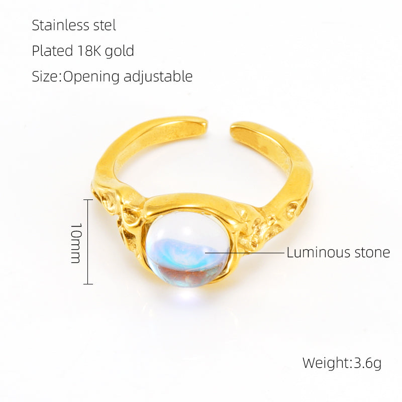 Elegant Retro Round Square Stainless Steel Plating Inlay Luminous Stone Rhinestones Zircon 18k Gold Plated Open Ring