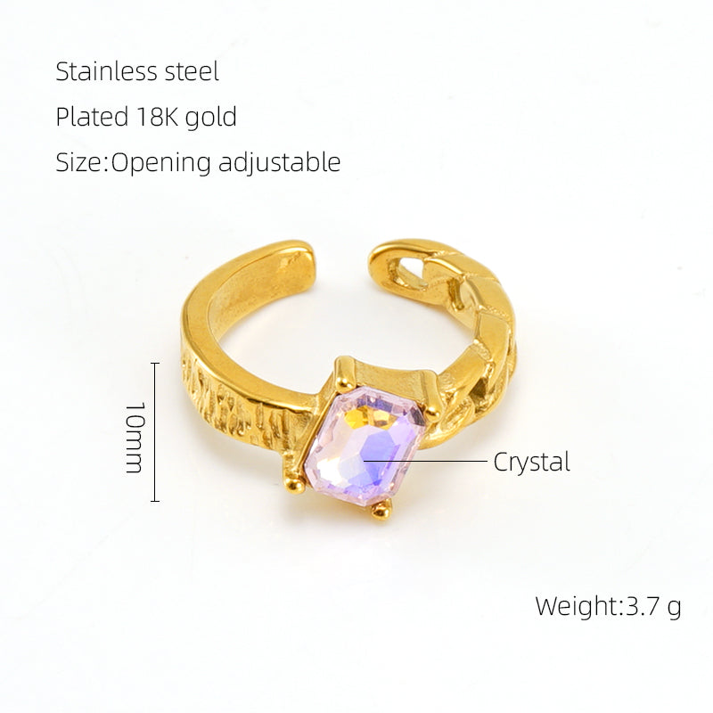 Elegant Retro Round Square Stainless Steel Plating Inlay Luminous Stone Rhinestones Zircon 18k Gold Plated Open Ring