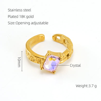 Elegant Retro Round Square Stainless Steel Plating Inlay Luminous Stone Rhinestones Zircon 18k Gold Plated Open Ring