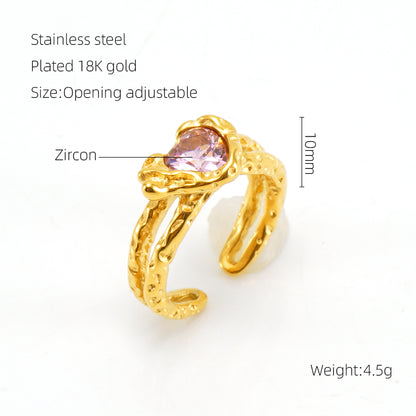 Elegant Retro Round Square Stainless Steel Plating Inlay Luminous Stone Rhinestones Zircon 18k Gold Plated Open Ring