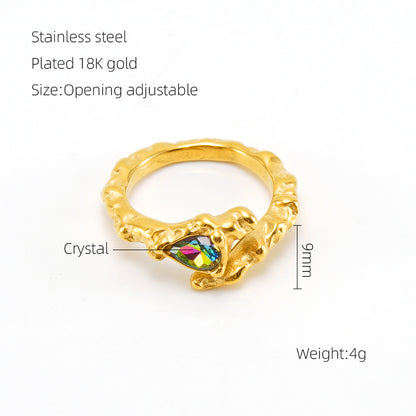 Elegant Retro Round Square Stainless Steel Plating Inlay Luminous Stone Rhinestones Zircon 18k Gold Plated Open Ring