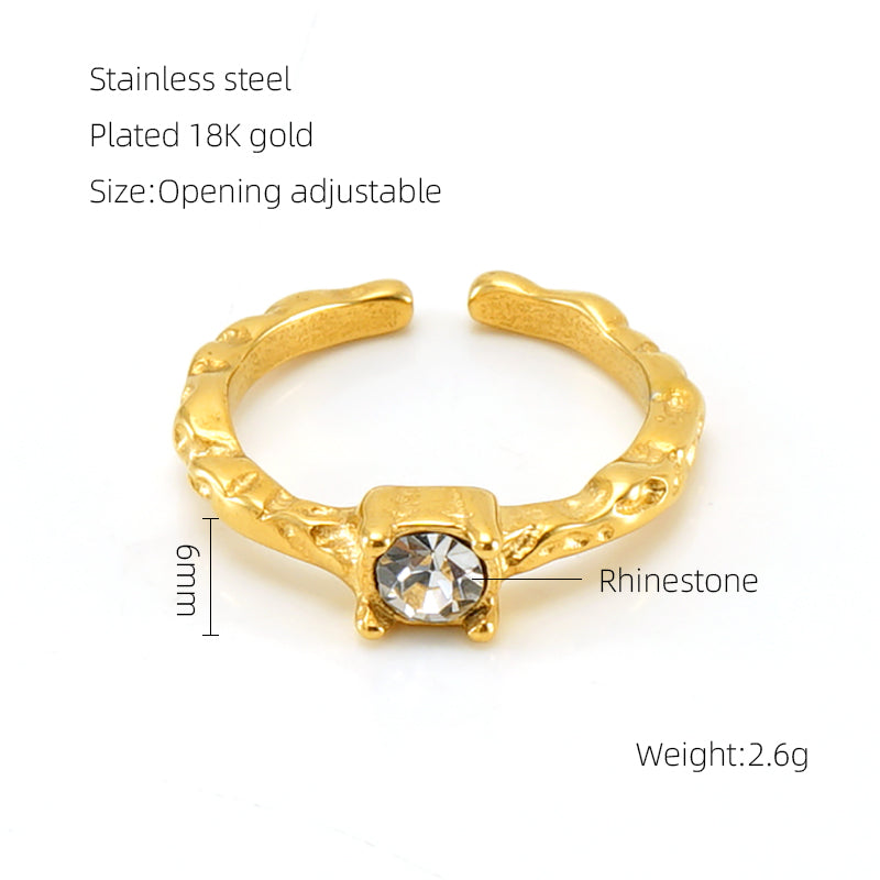 Elegant Retro Round Square Stainless Steel Plating Inlay Luminous Stone Rhinestones Zircon 18k Gold Plated Open Ring