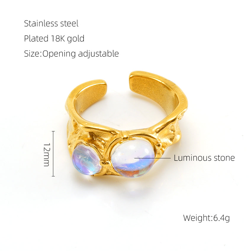 Elegant Retro Round Square Stainless Steel Plating Inlay Luminous Stone Rhinestones Zircon 18k Gold Plated Open Ring