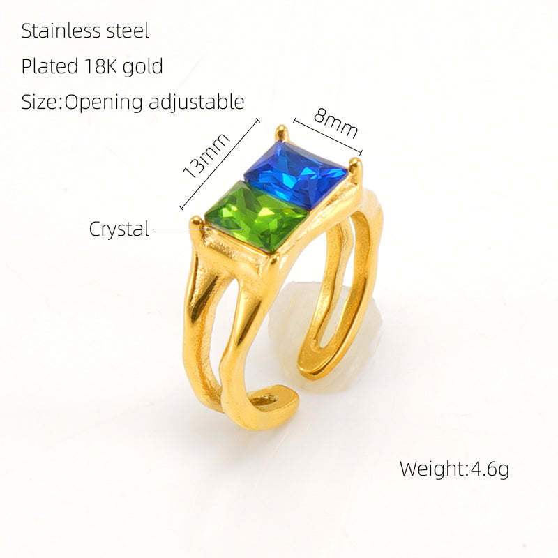 Elegant Retro Round Square Stainless Steel Plating Inlay Luminous Stone Rhinestones Zircon 18k Gold Plated Open Ring