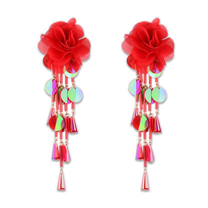 Exaggerated Sweet Flower Cloth Beaded Women's Drop Earrings