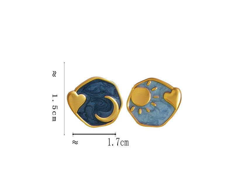 1 Pair Simple Style Streetwear Sun Moon Heart Shape Asymmetrical Enamel Plating Copper Gold Plated Ear Studs