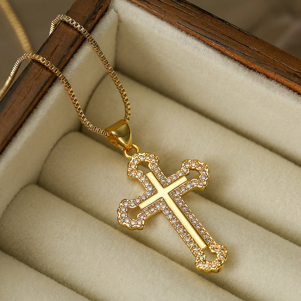 Shiny Love Cross Copper Plating Inlay Zircon 18k Gold Plated Pendant Necklace